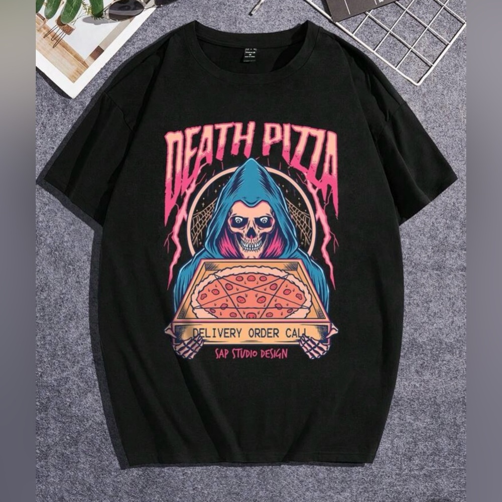 SHEIN Black Death Pizza Graphic Tee
